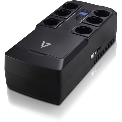 V7 UPS1DT750-1E Standby UPS - 750 VA/450 W - 2U rackmontage - Opladen in 8 uur - Stand-by in 30 seconden - 230 V AC-ingang - 240 V AC-uitgang - 6 x AC-stopcontacten - Gesimuleerde sinusgolf - USB - LCD-scherm
