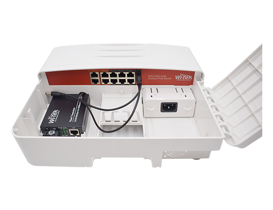 Commutateur PoE extérieur Wi-Tek WI-PS210G-O étanche IP67 - (6FE+2GE) POE+ +2GE+1SFP (120 W) - Mode CCTV POE LR jusqu'à 250 m