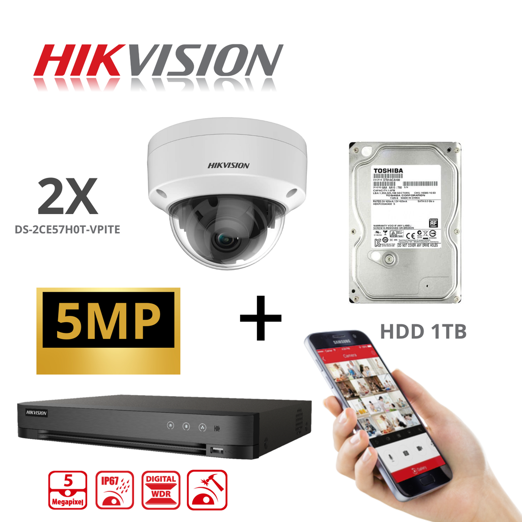Kit HIKVISION 5 MP HDTVI Full HD 4K DVR 4-kanaals H.265 + Dome  5MP DS-2CE57HOT-VPIT 2.8mm + 1 TB HDD