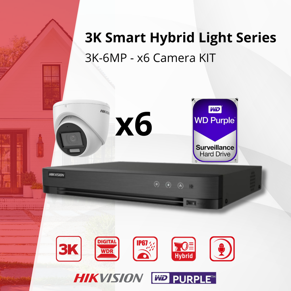 HIKVISION Set 3K Double Éclairage - 6x Caméra Tourelle 3K (6MP) Double Éclairage Audio Intérieur/Extérieur - DVR 8 Canaux - Disque Dur 4 To