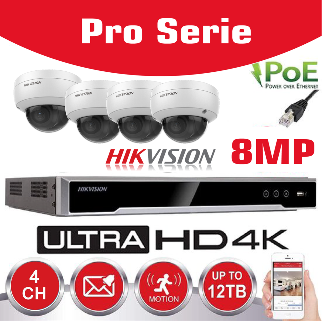 Kit IP Hikvision 4 caméras 8 MP IR / Série Essential - 4 caméras dôme audio DS-2CD2183G0-IU IR standard 30 m - enregistreur NVR DS-7604NXI-K1/4P 4 canaux - Disque dur 2 To installé