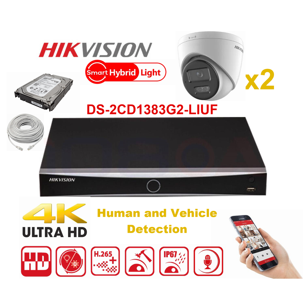 Kit caméra HIKVISION Smart Hybrid G2 Series 2x IP Camera Turret 8MP - NVR 4xChannel - Disque dur 2 To extensible jusqu'à 4x caméras IP
