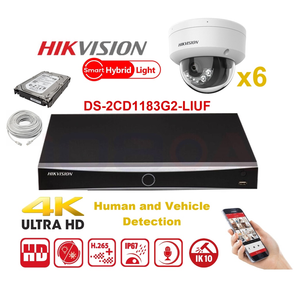 HIKVISION Camera Kit Smart Hybrid G2-serie 6x IP-cameradome 8MP - NVR 8x kanaal - harde schijf 4 TB, uitbreidbaar tot maximaal 8x IP-camera