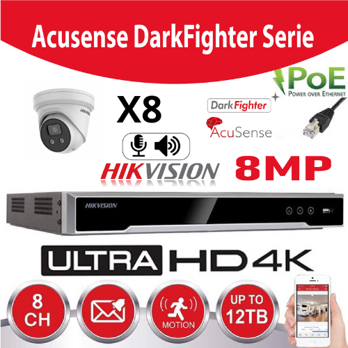 Kit IP Hikvision Accusense G2 8 x DS-2CD2386G2-IU 8MP Darkfighter / Acusense Audio Turret Camera - enregistreur NVR 8 canaux DS-7608NXI-K1/8P - Disque dur 6 To installé