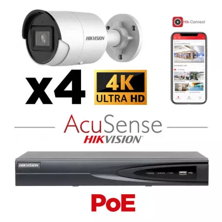 HIKVISION Camera Kit Acusense - Smart Hybrid Light with ColorVu Serie -  4x IP Camera Bullet 4k-8MP Active strobe light and audio alarm -NVR Acusense NXI Series 8xChannel With POE - Hard Disk 4Tb Extensible To Max 8x IP Camera