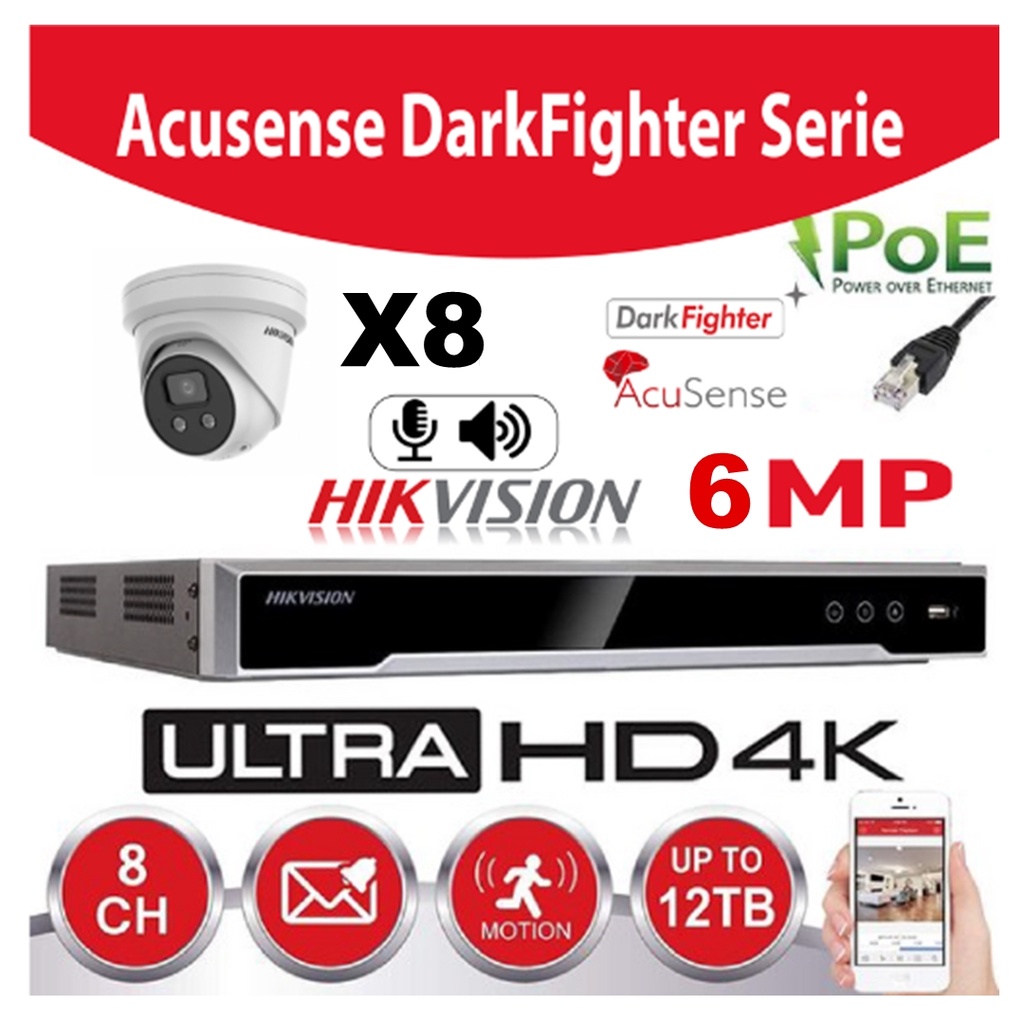 Hikvision Set IP-Darkfighter - Acusense G2 Serie 8x DS-2CD2366G2-IU - 2.8mm 6 megapixel Turret Ingebouwde microfoon + recorder NVR 8-kanaals DS-7608NXI-K1/8P - Harde schijf 6TB