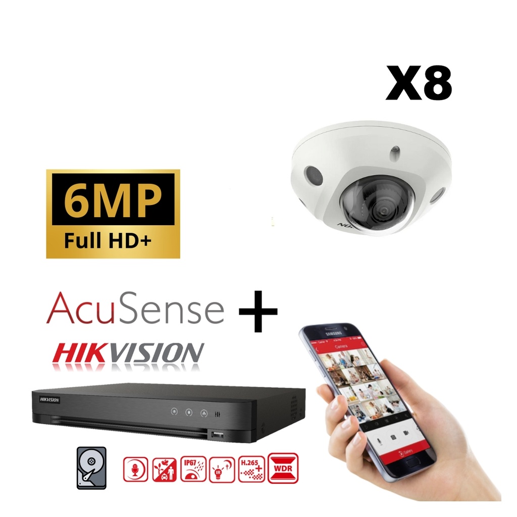 Hikvision IP-Kit 8x Camera 6MP IR / Acusense G2 Serie - 8x DS-2CD2563G2-I 2.8mm Audio Mini Dome Camera - recorder NVR 8-kanaals DS-7608NXI-K1/8P - 6TB Harde Schijf geïnstalleerd