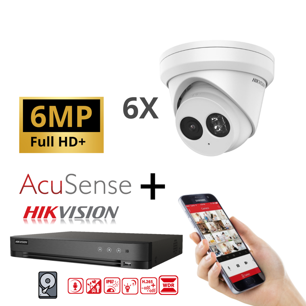 Hikvision IP-Kit 6x Camera 6MP IR / Acusense G2 Serie - 6x DS-2CD2363G2-IU Audio Turret Camera - recorder NVR 8-kanaals DS-7608NXI-K1/8P - 4TB harde schijf geïnstalleerd