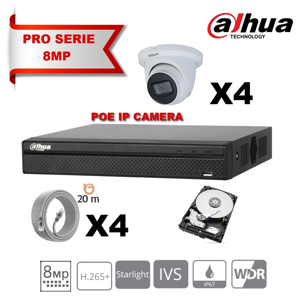 DAHUA Lite Kit Serie IP 8MP 4x Caméra Tourelle Fixe 2.8mm-IR 30M + 8 Canaux POE NVR + Disque dur 4 To spécial surveillance