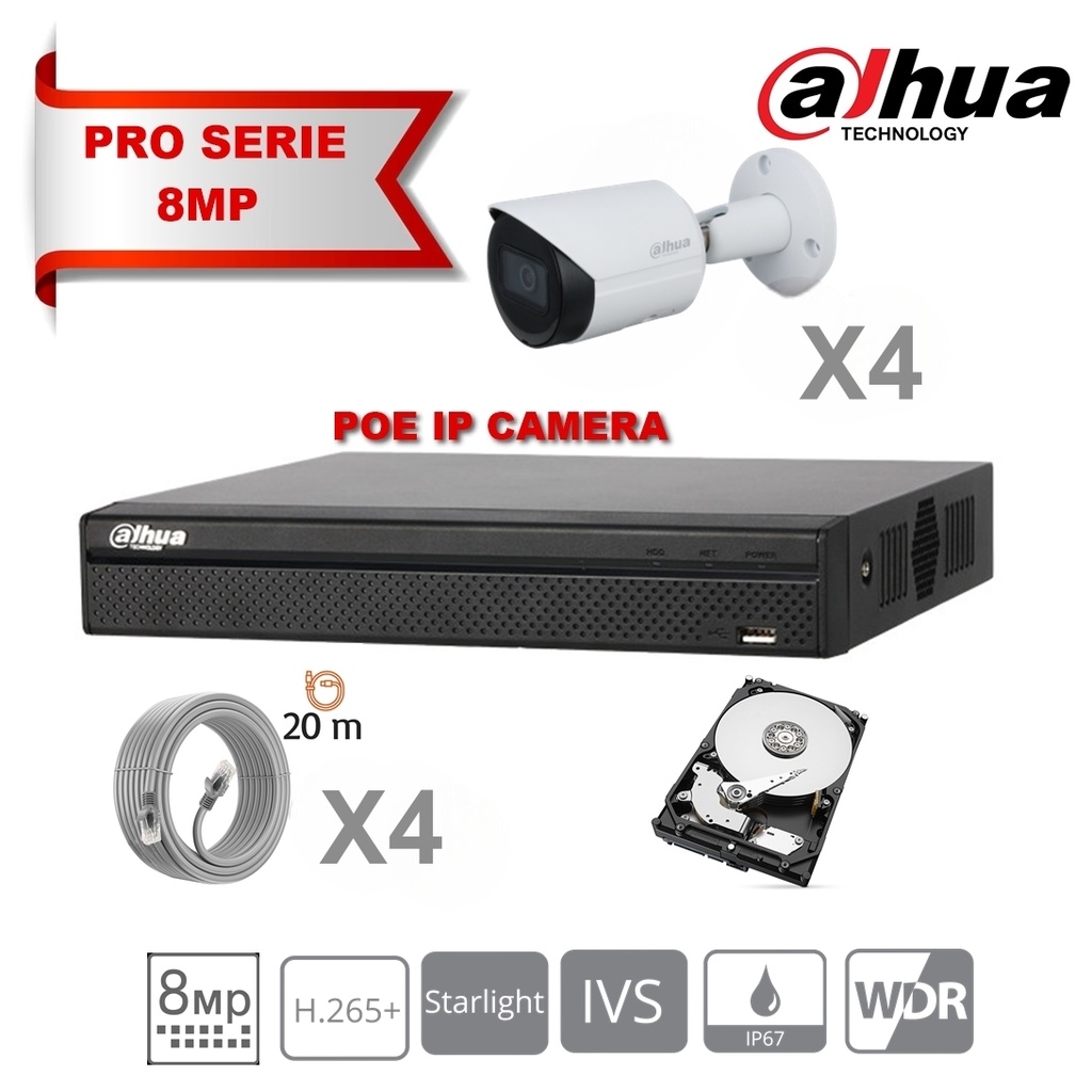DAHUA Lite Kit Serie IP 8MP 4x Camera Bullet DH-IPC-HFW2831SP-S-S2 Vaste 2,8 mm IR 30M + 8 kanalen POE NVR + 4TB harde schijf speciale bewaking