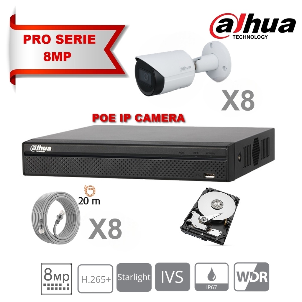 DAHUA Lite Kit Serie IP 8MP 8x Bullet Camera DH-IPC-HFW2831TP-AS-S2 Vaste 2,8 mm IR 30 m + 8 kanalen POE NVR + 4TB harde schijf speciale bewaking