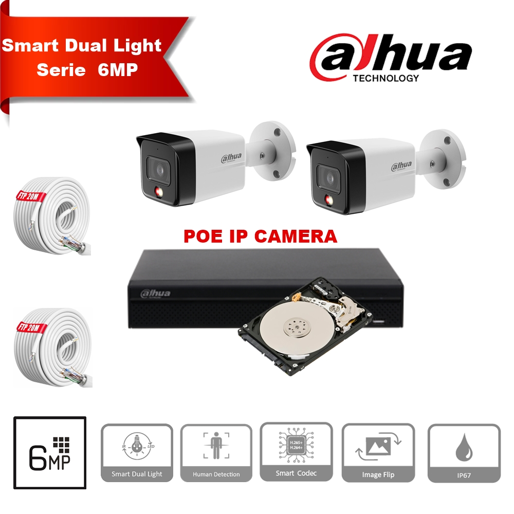 Kit de caméras IP DAHUA Smart Dual Light Series 30 m : 2 caméras Bullet 6 mégapixels 2,8 mm + 8 canaux POE NVR + 2 To max. 8 caméras