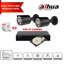 Kit de caméras IP DAHUA Smart Dual Light WizSense  Series 30 m - 2 caméras Bullet 8 mégapixels 2,8 mm NOIR+ NVR POE 8 canaux + 2 To max. 8 caméras 