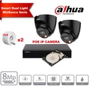 DAHUA Smart Dual Light WizSense-serie  30m IP-camerakit - 2x 8 megapixel 2,8 mm Torencamera Zwart+ 8 kanalen POE NVR + 2 TB max. 8x camera