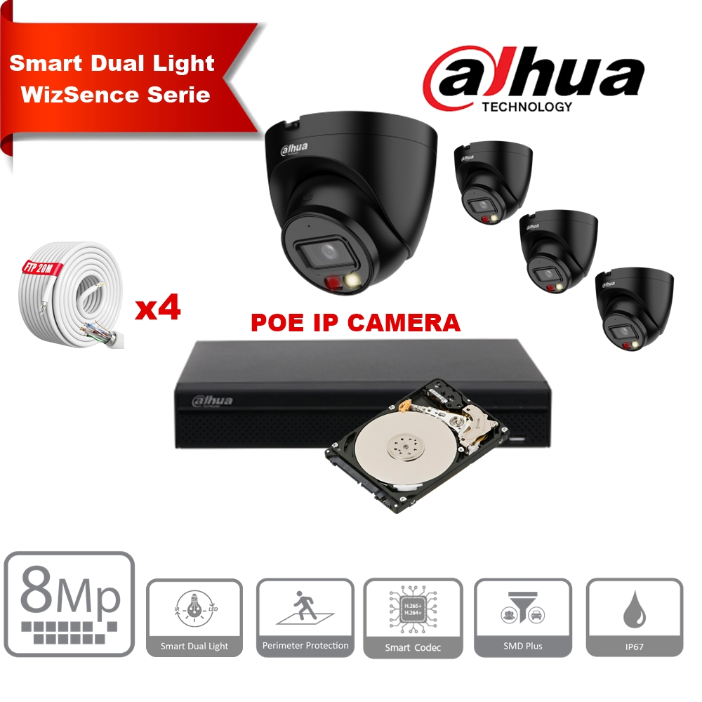 Kit de caméras IP DAHUA Smart Dual Light WizSense  Series 30 m - 4 caméras Turret IPC-HDW2849T-S-IL 8 mégapixels 2,8 mm + NVR POE 8 canaux + 2 To max. 8 caméras  
