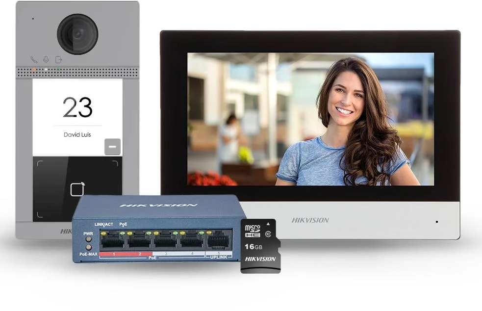 Hikvision DS-KIS604-S(C) IP-POE Kit d'interphone vidéo - 1 bouton d'appel Montage en saillie Aluminium - Écran tactile WIFI 7 pouces