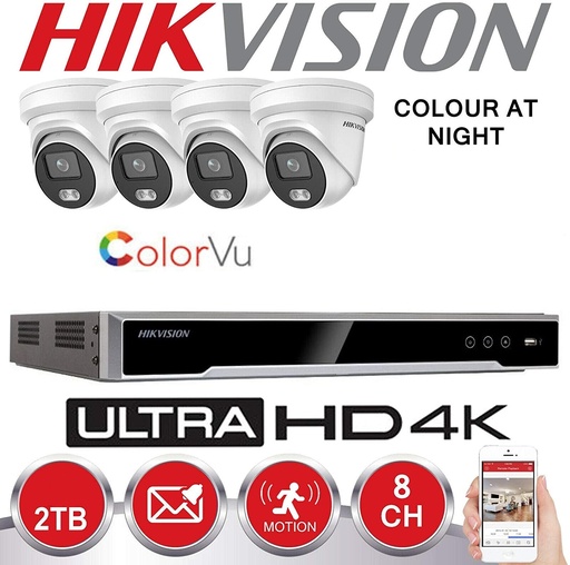 [IPG1CV-4M-2T] Kit de surveillance IP HIKVISION 4x Caméras Colorvu G1 ProIP 4 MP Objectif fixe 4,0 mm IR 30 M + NVR HIKVISION 4 canaux - disque dur préinstallé 2 To