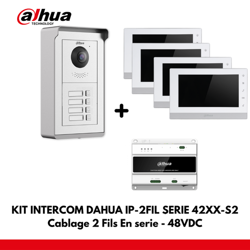 Dahua Appartementenset 4x IP-interfaceknoppen - 2 draden - 48 VDC + 4x 7&quot; kleurenmonitor - seriële bedrading