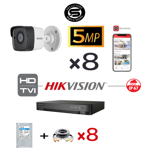 [TVIKIT5M-B8] HIKVISION Set Turbo-HD 5 MP 8x Camera - DVR 8-kanaals - 8x 5MP Bullet Camera Binnen/Buiten 2TB HDD