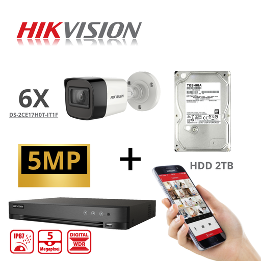 [TVIKIT5M-B6] HIKVISION Set Turbo-HD 5 MP 6x Camera - DVR 8-kanaals - 6x 5MP Bullet Camera Binnen/Buiten 2TB HDD