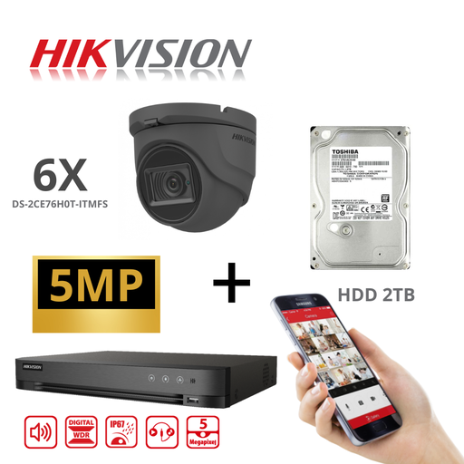 [TVIKIT5M-T6-BK] HIKVISION Turbo-HD 5 MP DVR 8CH HD-kit - 6x 5 MP zwarte audio-torencamera - 2 TB HDD