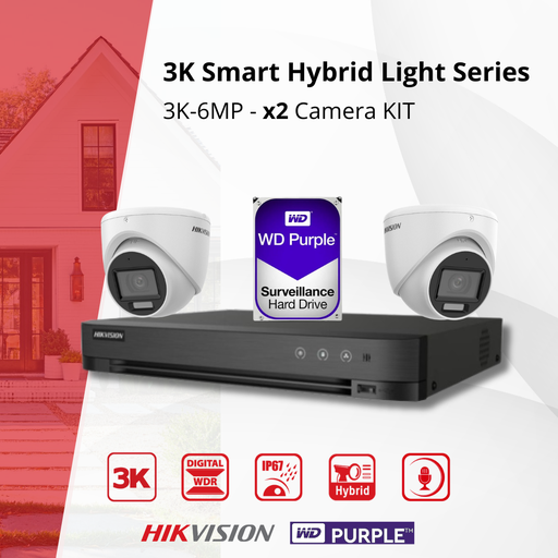 [TVIKIT3K-T2] HIKVISION Set 3K Double Éclairage - 2x Caméra Tourelle 3K (6MP) Double Éclairage Audio Intérieur/Extérieur - DVR 8 Canaux - Disque Dur 1 To