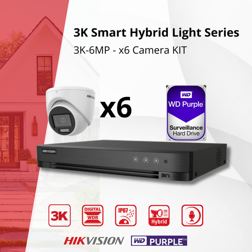 [TVIKIT3K-T6] HIKVISION Set 3K Double Éclairage - 6x Caméra Tourelle 3K (6MP) Double Éclairage Audio Intérieur/Extérieur - DVR 8 Canaux - Disque Dur 4 To