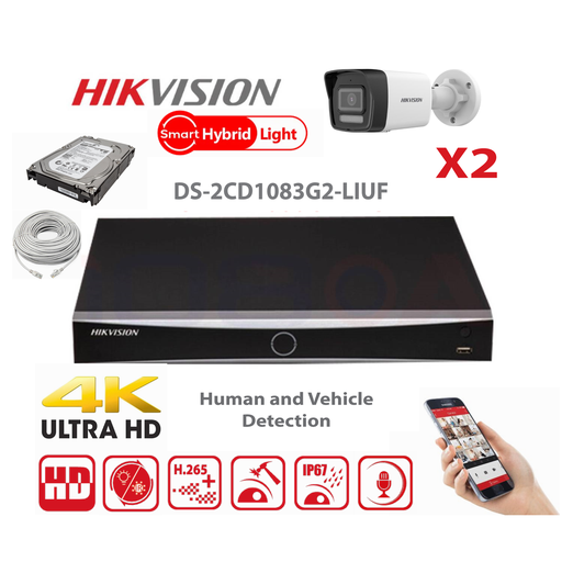 [IPMD-8M-2B] HIKVISION Camera Kit Smart Hybrid G2-serie 2x IP-camera Bullet 8MP - NVR 4x kanaal - harde schijf 2 TB, uitbreidbaar tot maximaal 4x IP-camera