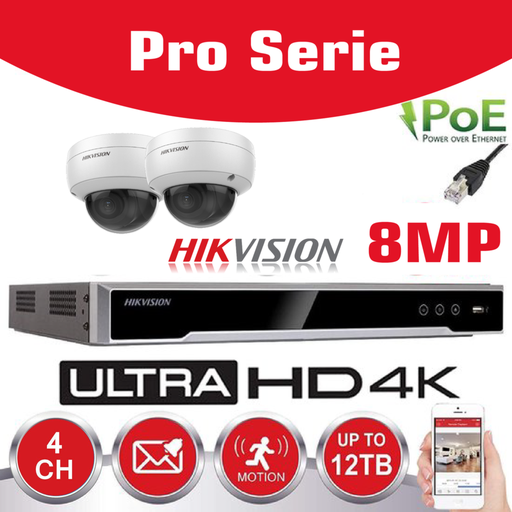 [IPHK-VBD802] Hikvision IP-Kit 2x Camera 8MP IR / Essential Serie - 2x DS-2CD2183G0-IU Audio Dome Camera IR Standaard 30m - recorder NVR DS-7604NXI-K1/4P 4-kanaals - 2TB harde schijf geïnstalleerd