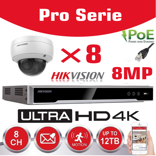 [IPHK-BE-88D-WH] Hikvision IP-Kit 8x Camera 8MP IR / Essential Serie DS-2CD2183G0-IU Audio Dome Camera IR Standard 30m - recorder NVR DS-7608NXI-K1/8P 8channel - 4TB Hard Disk installed