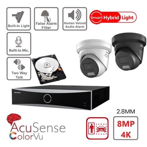 HIKVISION Camera Kit Acusense - Smart Hybrid Light with ColorVu Serie -  2x IP Camera Turret 4k-8MP Active strobe light and audio alarm -NVR Acusense NXI Series 4xChannel With POE - Hard Disk 4Tb Extensible To Max 4x IP Camera 