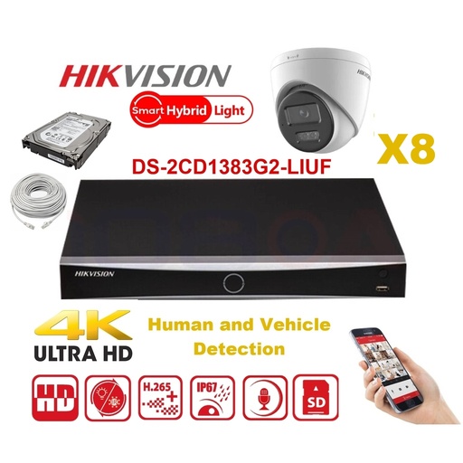 [IPMD-8M-8T] Kit caméra HIKVISION Smart Hybrid G2 Series 8x IP Camera Turret 8MP - NVR 8xChannel - Disque dur 4 To