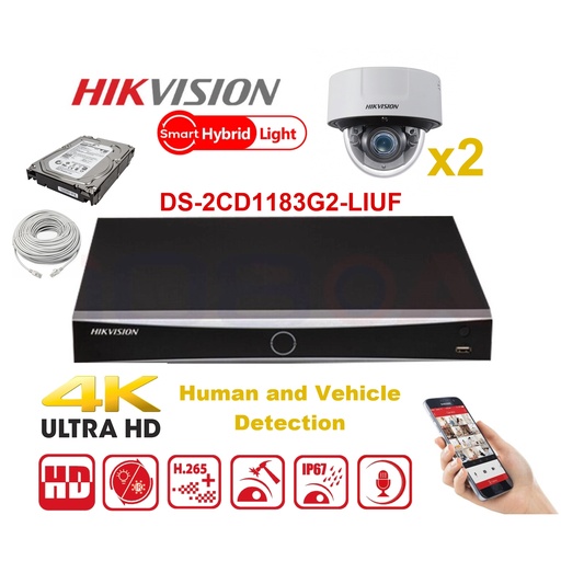 [IPMD-8M-2D] HIKVISION Camera Kit Smart Hybrid G2-serie 2x IP-cameradome 8MP - NVR 4x kanaal - harde schijf 2 TB, uitbreidbaar tot maximaal 4x IP-camera