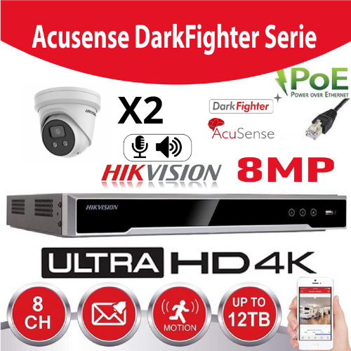 [IP-DF-2T] Hikvision Kit IP-Darkfighter - Acusense Série G2 2x DS-2CD2386G2-IU - Tourelle 2,8 mm 8 mégapixels (4K) avec microphone intégré et enregistreur NVR 4 canaux DS-7604XI-K1/4P - Disque dur 2 To