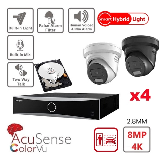 HIKVISION Camera Kit Acusense - Smart Hybrid Light met ColorVu Serie - 4x IP Camera Turret 4k-8MP Actief stroboscooplicht en audio-alarm - NVR Acusense NXI Serie 8x Kanaal met POE - Harde schijf 4TB Uitbreidbaar tot maximaal 8x IP Camera