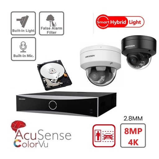 HIKVISION Camera Kit Acusense - Smart Hybrid Light with ColorVu Serie -  8x IP Camera Dome 4k-8MP  built-in audio  -NVR Acusense NXI Series 8xChannel With POE - Hard Disk 6Tb Extensible To Max 8x IP Camera