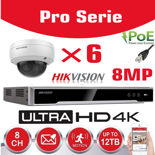 [IPHK-VBD806] Hikvision IP-Kit 6x Camera 8MP IR / Essential Serie DS-2CD2183G0-IU Audio Dome Camera IR Standaard 30m - recorder NVR DS-7608NXI-K1/8P 8-kanaals - 4TB Harde Schijf geïnstalleerd