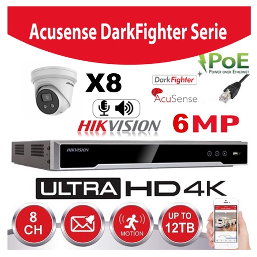 [IPACS-G2IR-6M-8T] Hikvision Set IP-Darkfighter - Acusense G2 Series 8x DS-2CD2366G2-IU -2.8mm 6 megapixel Turret Buit In  microphone + recorder NVR 8channel DS-7608NXI-K1/8P - Hard Disk 6Tb