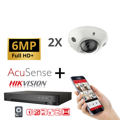 [IPACS-G2IR-6M-2MD] Kit IP Hikvision 2 caméras 6 MP IR / Série Acusense G2 - 2 mini-caméras dômes audio 2,8 mm DS-2CD2563G2-I - Enregistreur NVR 8 canaux DS-7608NXI-K1/8P - Disque dur 2 To installé
