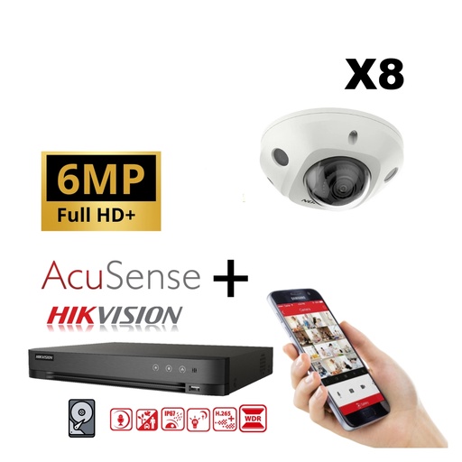 [IPG2IR-6M-8MD] Hikvision IP-Kit 8x Camera 6MP  IR / Acusense G2 Serie - 8x DS-2CD2563G2-I 2.8mm Audio Mini Dome Camera - recorder NVR 8channel DS-7608NXI-K1/8P - 6TB Hard Disk installed