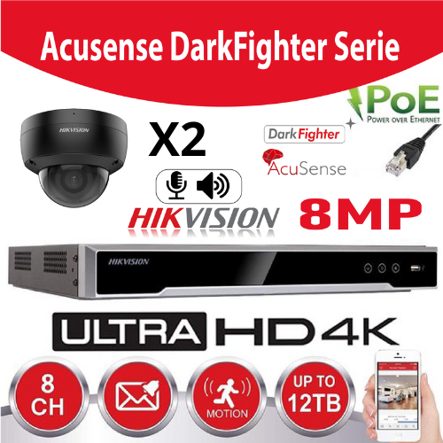 [IP-DF-2D-BK] Hikvision IP-Kit Accusense G2 2x DS-2CD2186G2-I 8MP Darkfighter / Acusense  Dome Camera -  recorder NVR 4channel DS-7604NI-Q1/4P - 2b Hard Disk installed