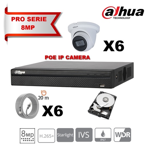 [IPDH-LT8M-6T] DAHUA Lite Kit Serie IP 8MP 6x Tourelle de caméra fixe 2,8 mm-IR 30 m + 8 canaux POE NVR + Disque dur 4 To spécial surveillance