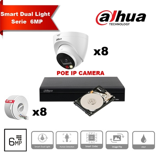 [IPDH-DL6M-8T] Kit caméra IP DAHUA Smart Dual Light Series 30 m - 8 caméras 6 mégapixels 2,8 mm + 16 canaux POE NVR + 4 To max. 16x caméras