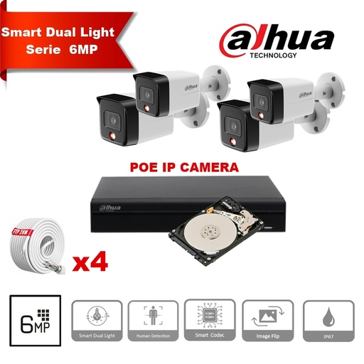 [IPDH-DL6M-4B] Kit de caméras IP DAHUA Smart Dual Light Series 30 m : 4 caméras Bullet 6 mégapixels 2,8 mm + 8 canaux POE NVR + 2 To max. 8 caméras