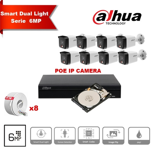 [IPDH-DL6M-8B] DAHUA Smart Dual Light-serie 30m IP-camerakit - 8x 6 megapixel 2,8 mm camerabullet + 8 kanalen POE NVR + 4 TB
