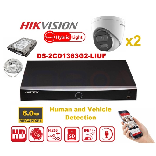 [IPHK-DL-T602] HIKVISION Camera Kit Smart Hybrid G2-serie 2x IP-cameratoren 6MP - NVR 4x kanaals POE Acusense - harde schijf 2 TB