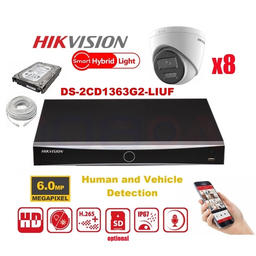 [IPMD-6M-8T] Kit caméra HIKVISION Smart Hybrid G2 Series 8x IP Camera Turret 6MP - NVR 8xChannel - Disque dur 4 To extensible jusqu'à 8x caméras IP