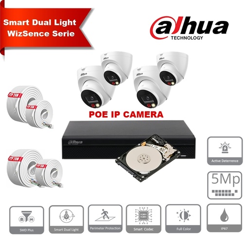 [IPDH-DLW4T-5M] Kit de caméras IP DAHUA Smart Dual Light Active Deterrence WizSense Series 30 m - 4 caméras 5 mégapixels 2,8 mm + NVR POE 8 canaux + 2 To max. 8 caméras