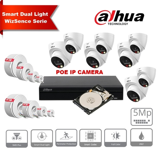 [IPDH-DLW8T-5M] DAHUA Smart Dual Light Active Deterrence WizSense Series 30m IP Camera Kit - 8 x 5 Megapixel 2.8mm Cameras + 8 Channel POE NVR + 4TB Max. 