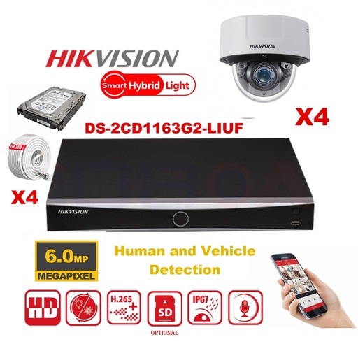 [IPMD-6M-4D] HIKVISION Camera Kit Smart Hybrid G2-serie 4x IP-cameradome 6MP - NVR 4x-kanaals POE Acusense - harde schijf 2 TB